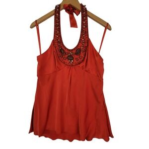 NWT BCBG Max Azria Clay Orange Silk Beaded Embellished Halter Top Size Medium